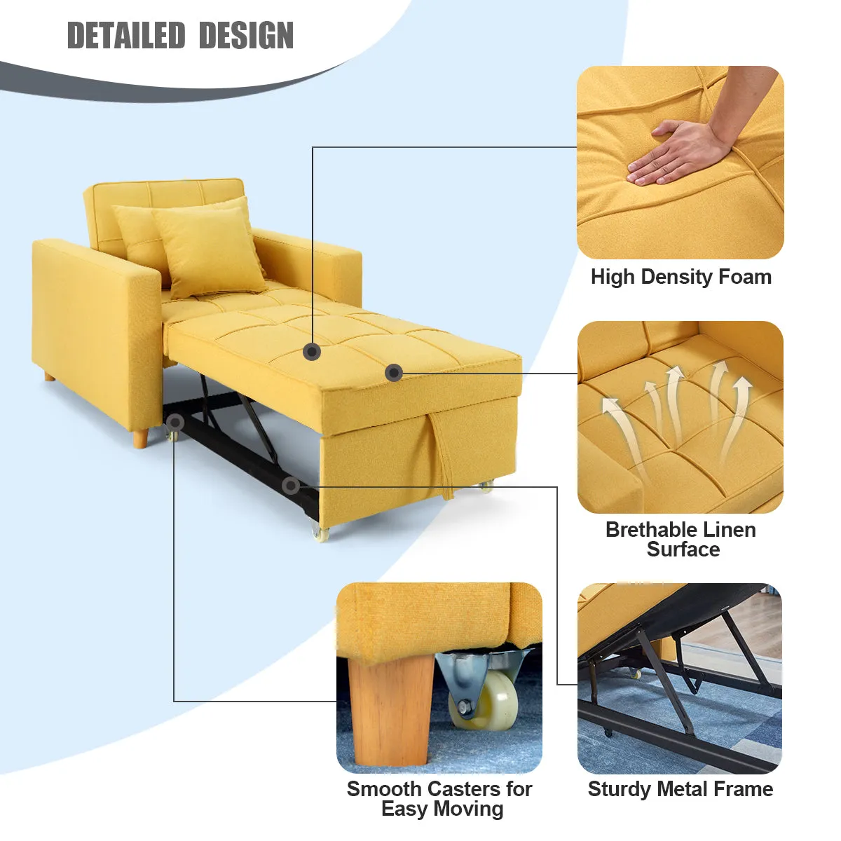 Homrest Sofa Bed 3-in-1 Convertible Chair Multi-Functional Sofa Bed Adjustable Recliner(Yellow)