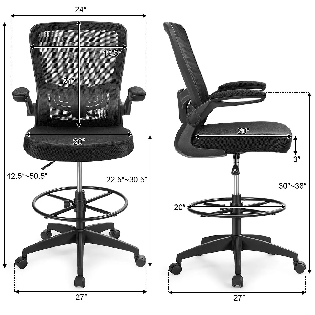 KOMFOTT Drafting Chair, High Back Office Chair with Footrest & Ring Flip-Up Armrest