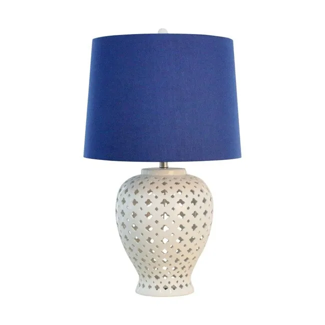 Lattice Tall White Table Lamp W/Blue Shade