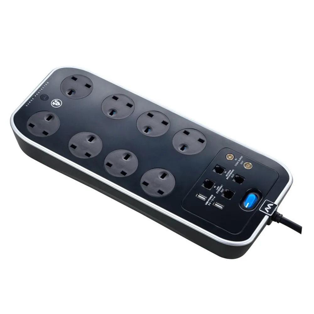 Masterplug Surge Protector 8 Gang 2 USB 3.1A 2 Meter Extension Leads Sockets Power Cord Polished (SRGSUTAC82PB-MPA)