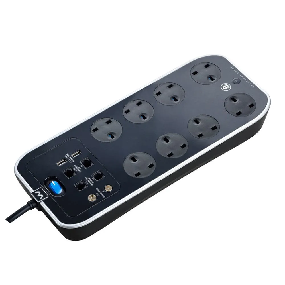 Masterplug Surge Protector 8 Gang 2 USB 3.1A 2 Meter Extension Leads Sockets Power Cord Polished (SRGSUTAC82PB-MPA)