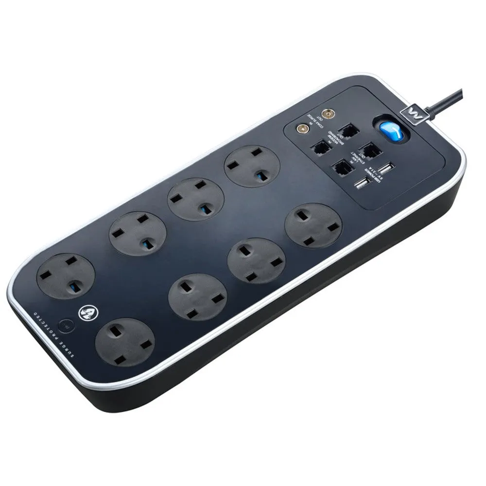 Masterplug Surge Protector 8 Gang 2 USB 3.1A 2 Meter Extension Leads Sockets Power Cord Polished (SRGSUTAC82PB-MPA)