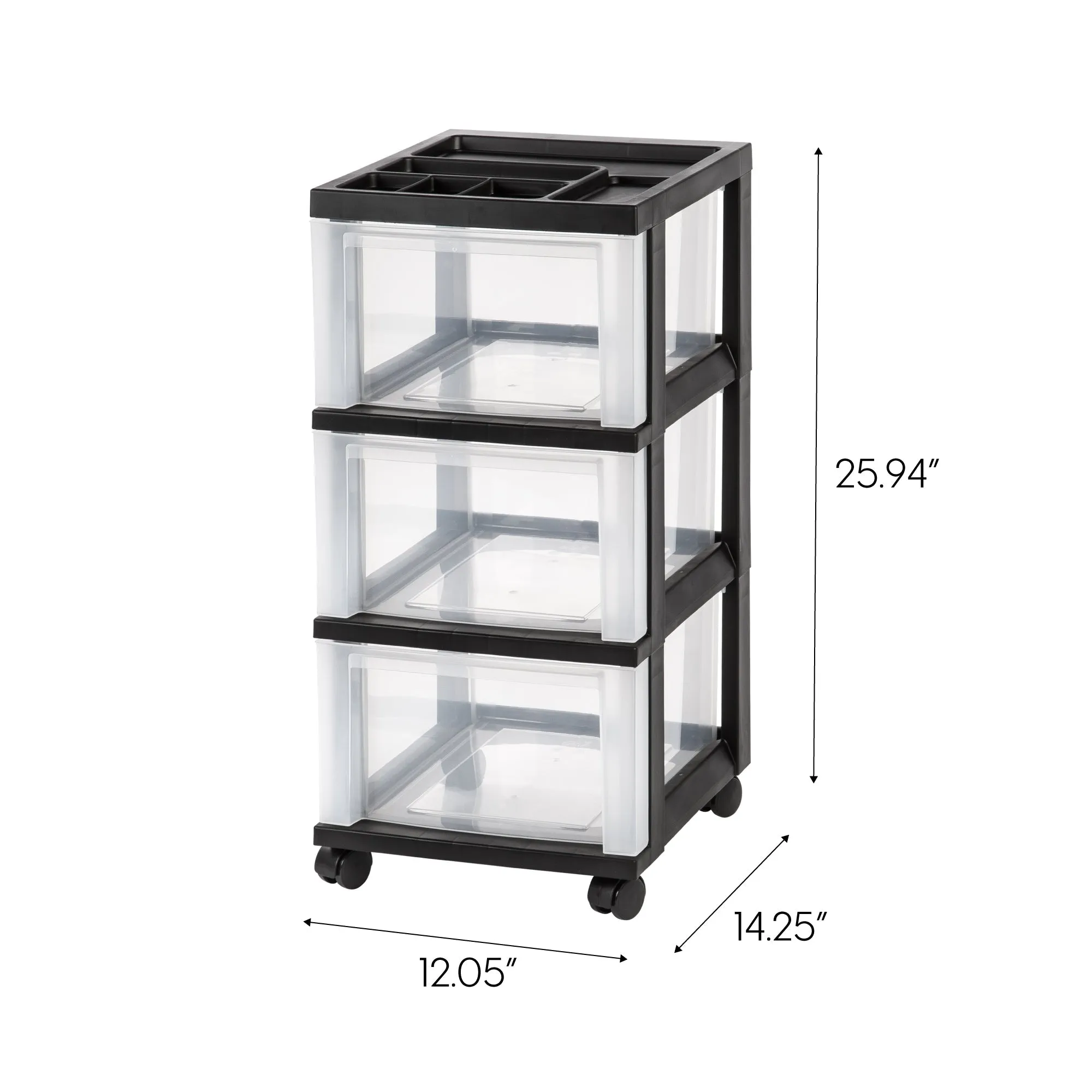 Medium 3-Drawer Cart with Organizer Top, Black