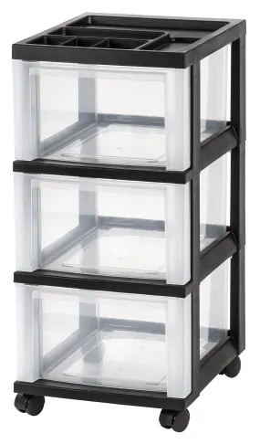 Medium 3-Drawer Cart with Organizer Top, Black