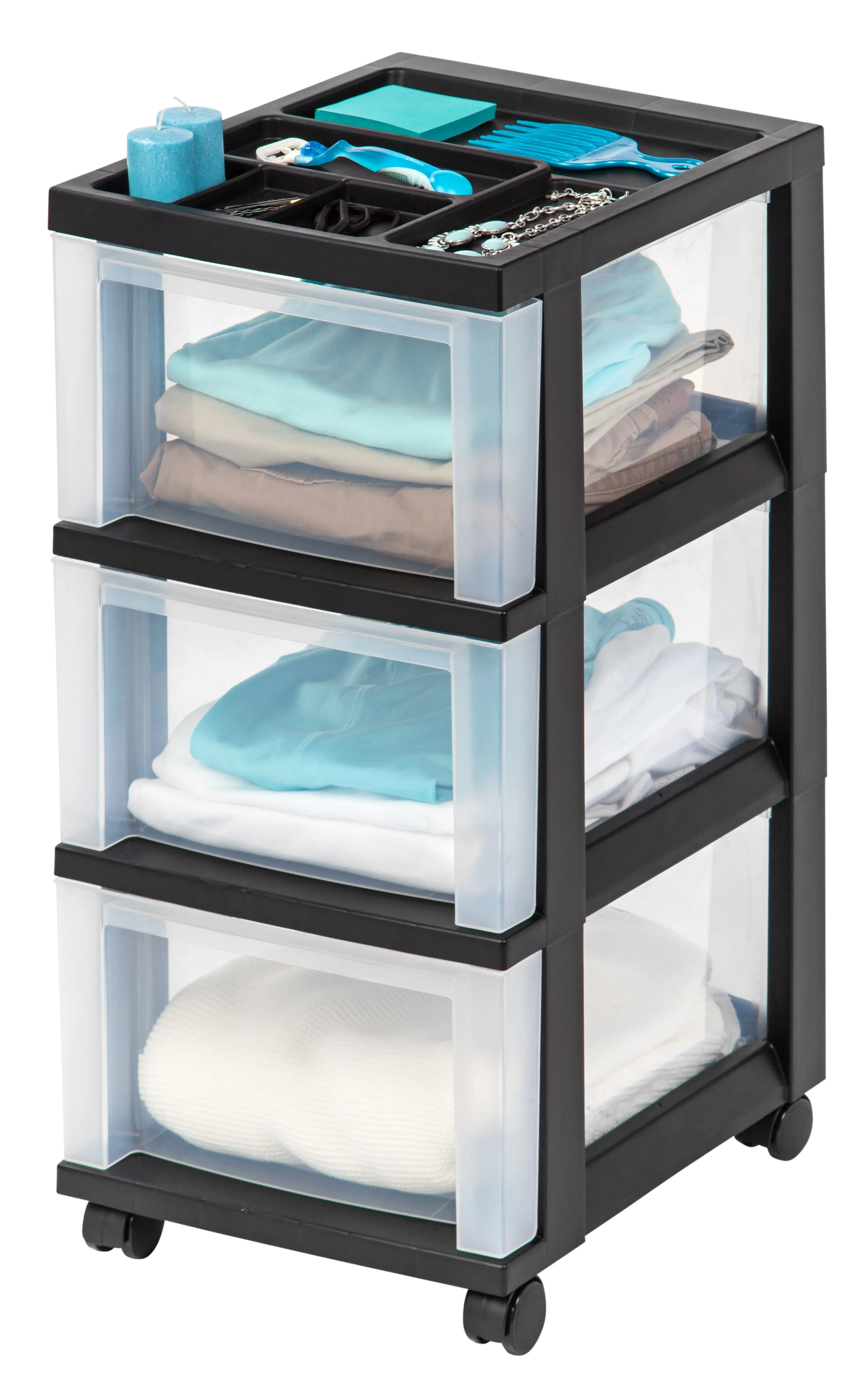 Medium 3-Drawer Cart with Organizer Top, Black