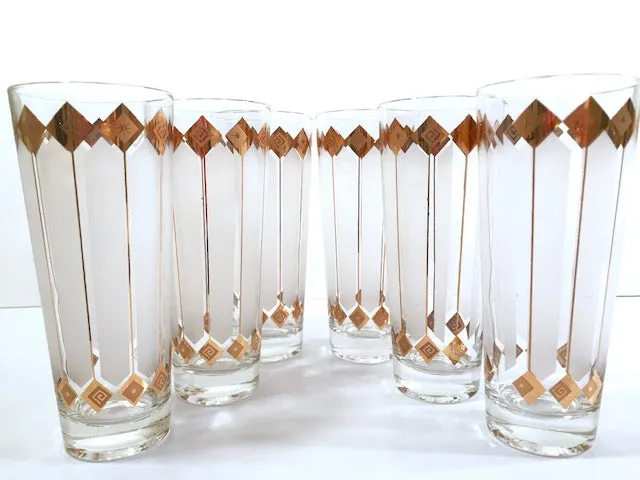 Mid-Century 22-Karat Gold and White Atomic Stars Tall Collins Glasses (Set of 6)