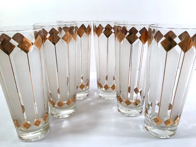 Mid-Century 22-Karat Gold and White Atomic Stars Tall Collins Glasses (Set of 6)