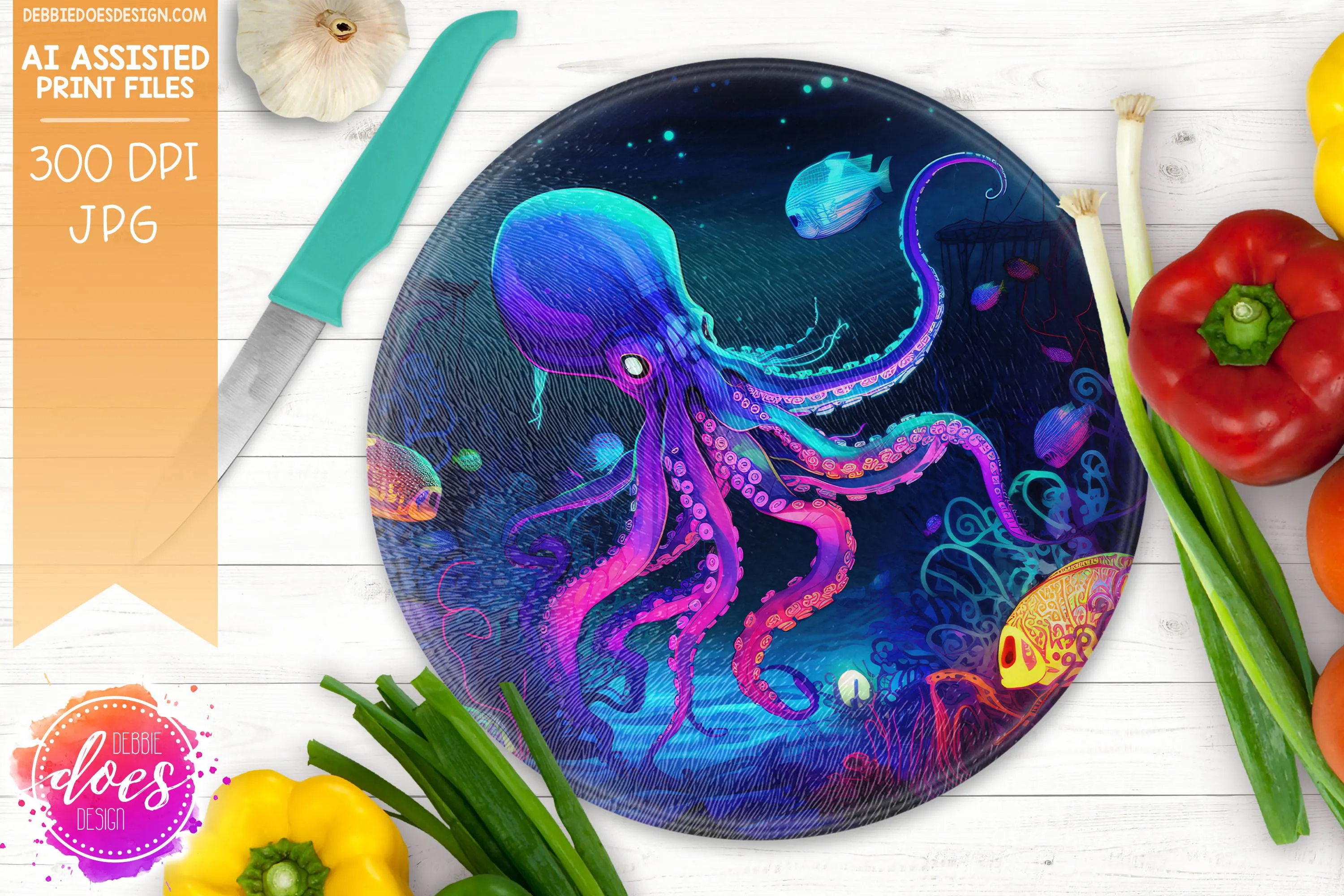 Neon Octopus 2 - Cutting Boards -  Printable/Sublimation Design