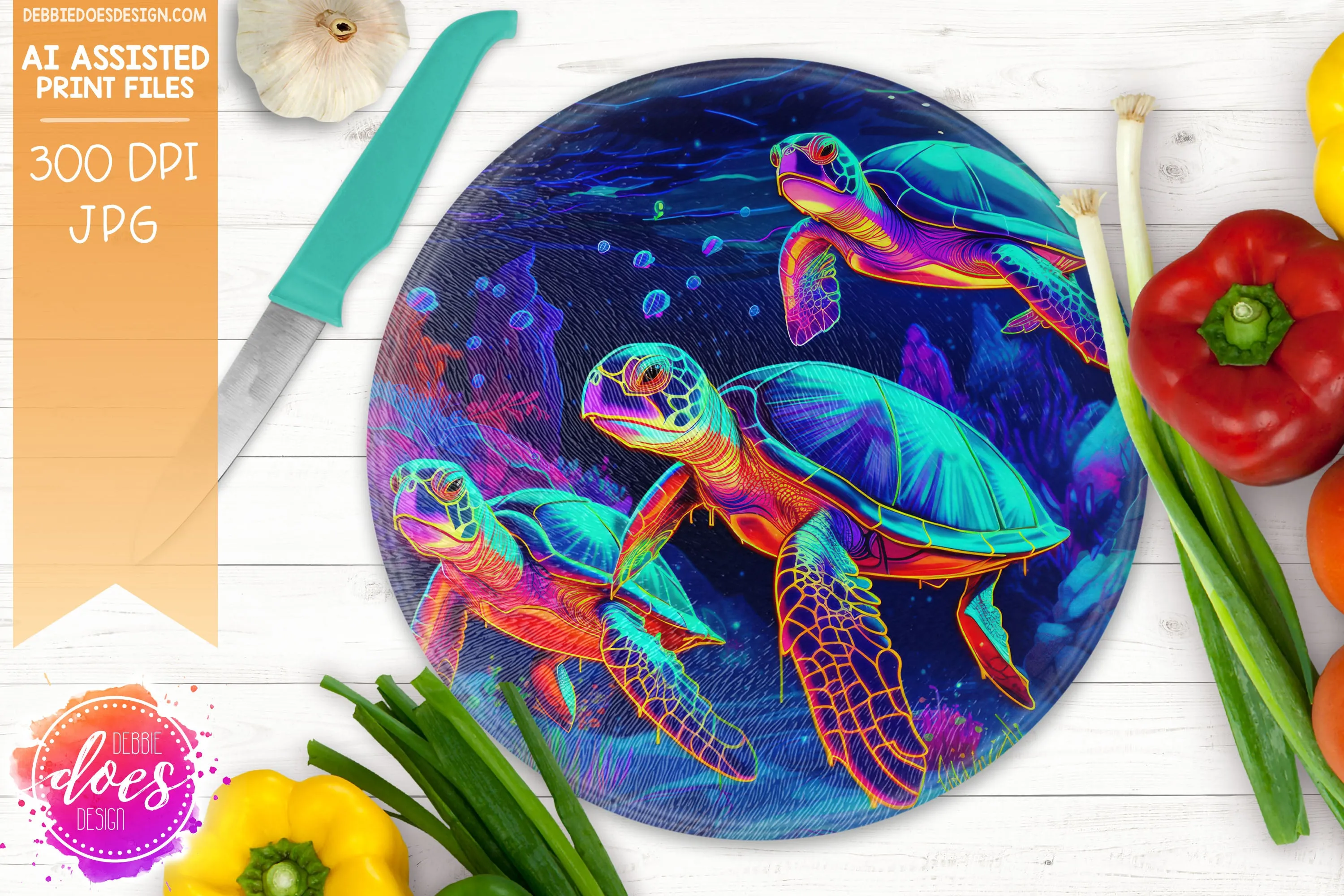 Neon Sea Turtles 1 - Cutting Boards -  Printable/Sublimation Design