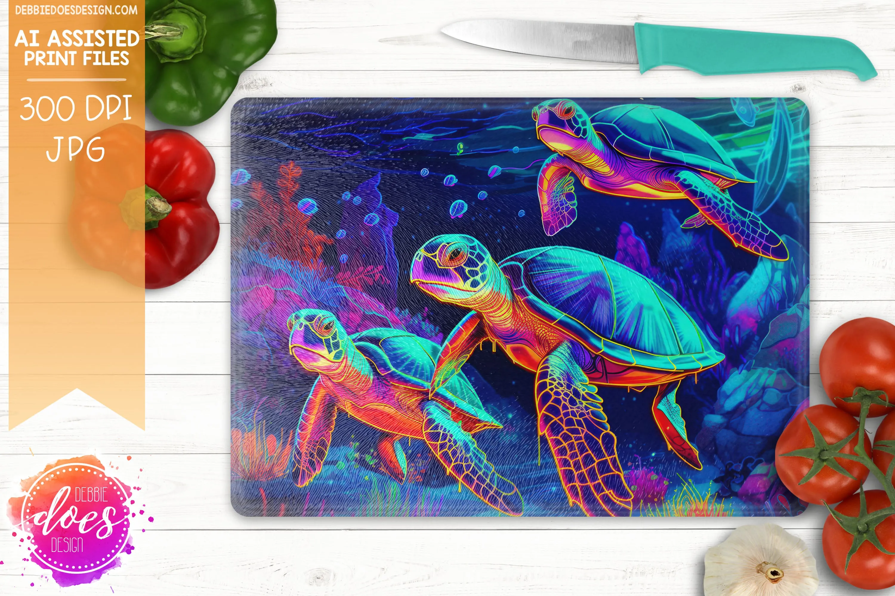 Neon Sea Turtles 1 - Cutting Boards -  Printable/Sublimation Design