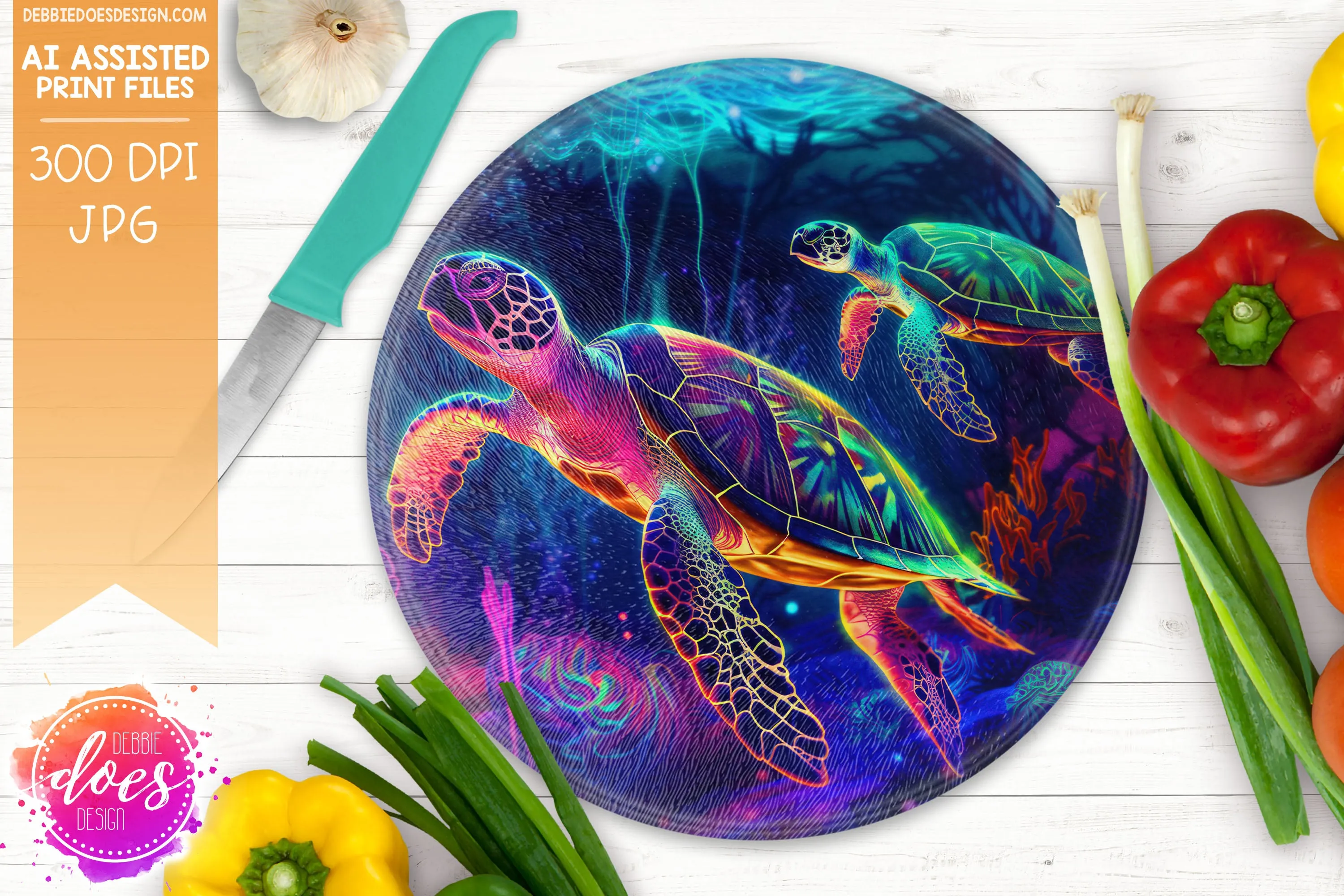 Neon Sea Turtles 2 - Cutting Boards -  Printable/Sublimation Design