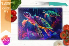 Neon Sea Turtles 2 - Cutting Boards -  Printable/Sublimation Design