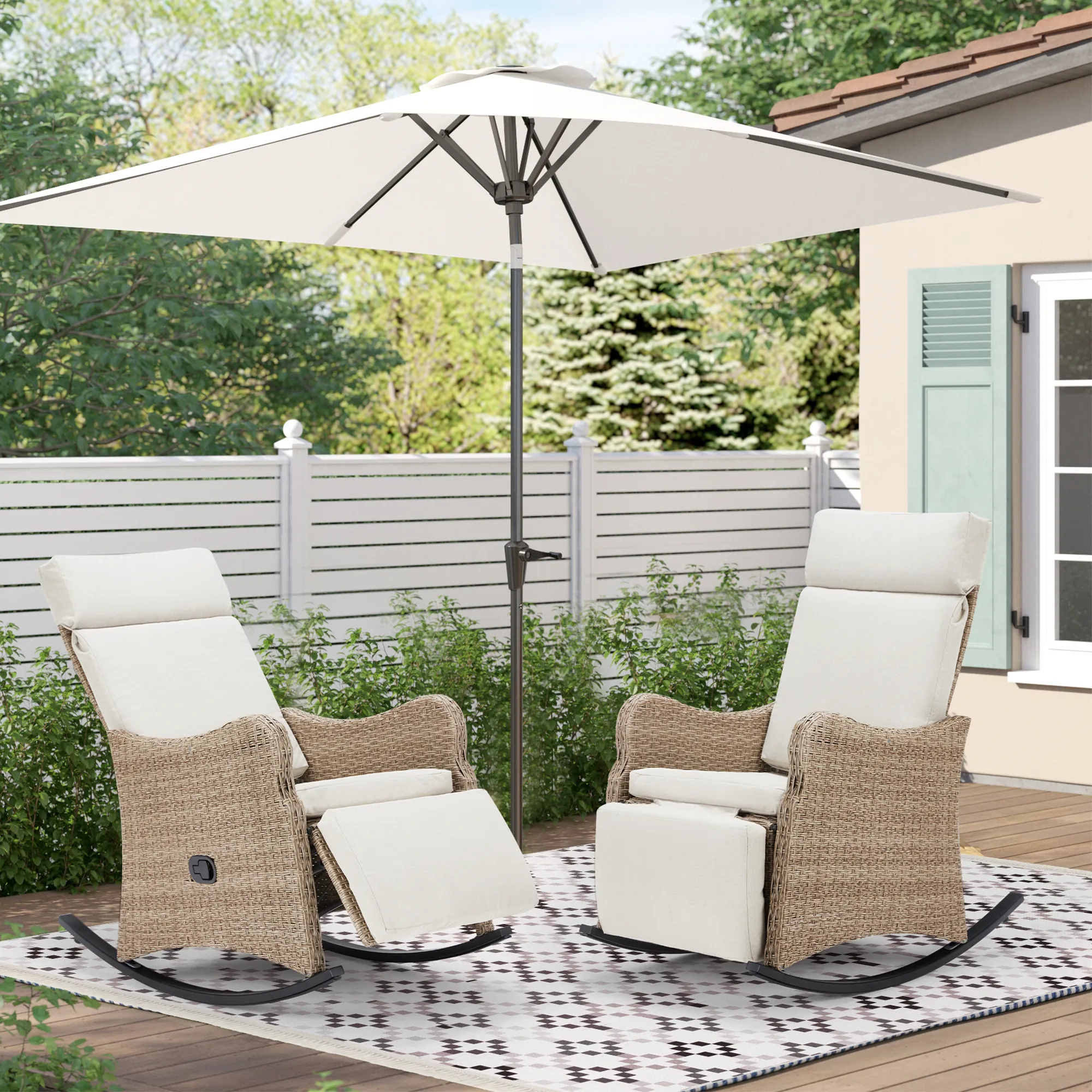 Outdoor Recliner Chair, Rattan Wicker Rocking Chair with Soft Removable Cushion Beige