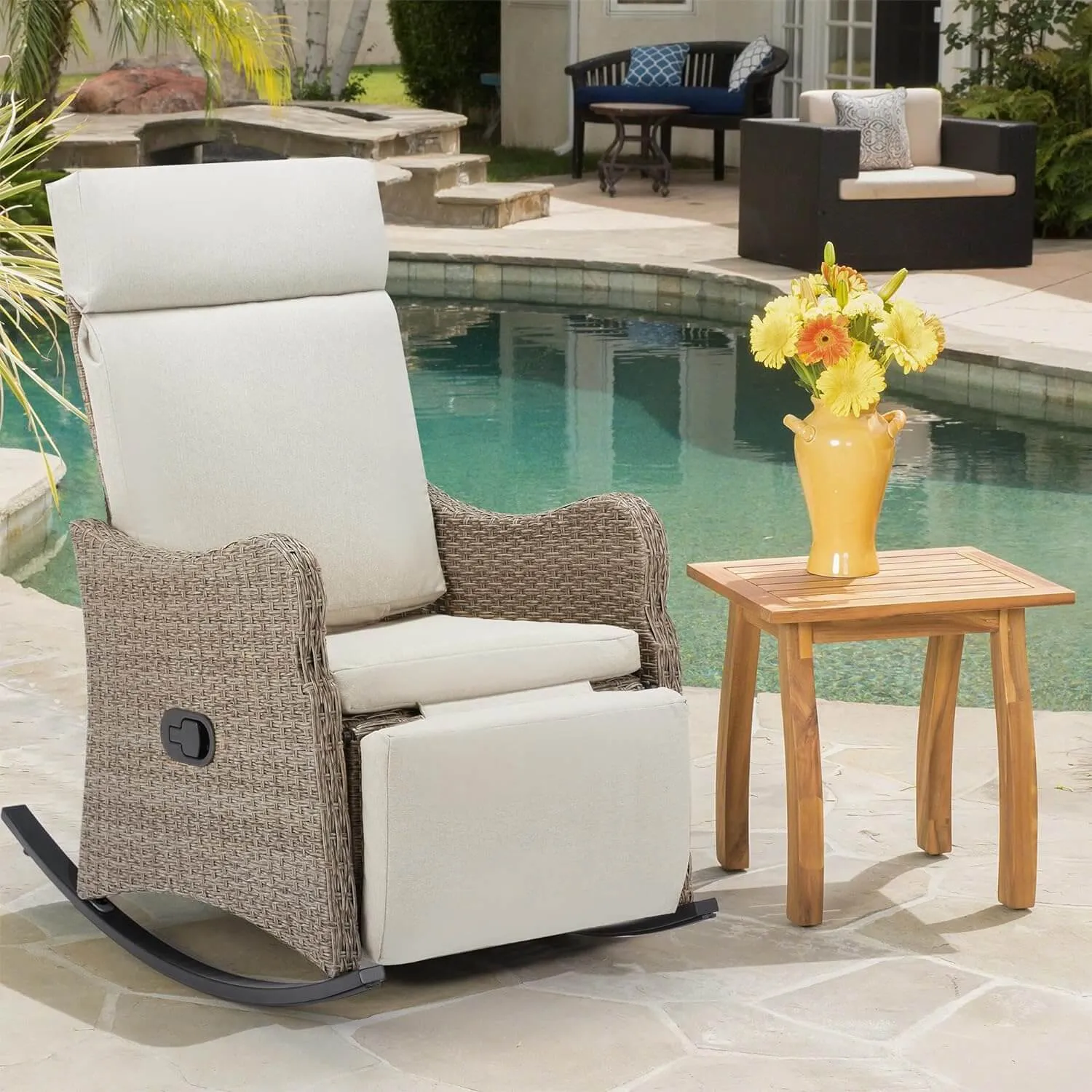 Outdoor Recliner Chair, Rattan Wicker Rocking Chair with Soft Removable Cushion Beige