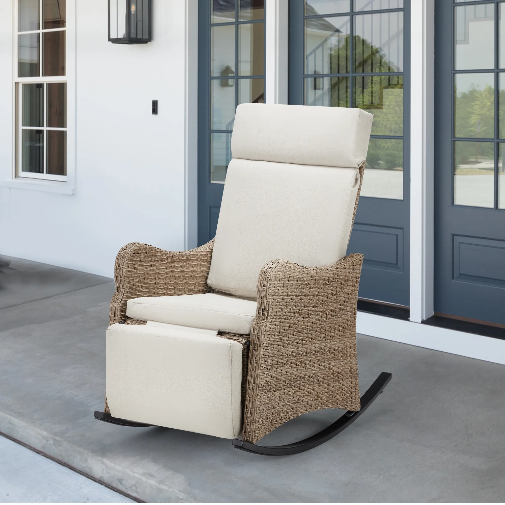 Outdoor Recliner Chair, Rattan Wicker Rocking Chair with Soft Removable Cushion Beige