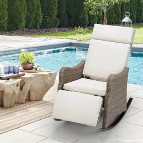 Outdoor Recliner Chair, Rattan Wicker Rocking Chair with Soft Removable Cushion Beige