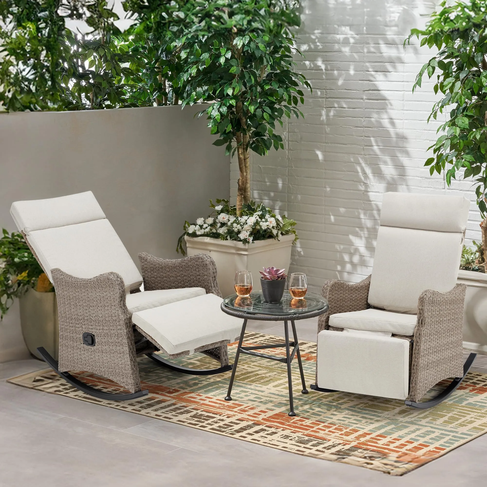 Outdoor Recliner Chair, Rattan Wicker Rocking Chair with Soft Removable Cushion Beige