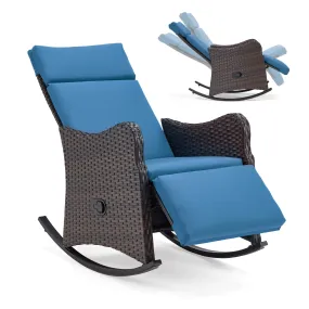 Outdoor Recliner Chair, Rattan Wicker Rocking Chair with Soft Removable Cushion, Blue