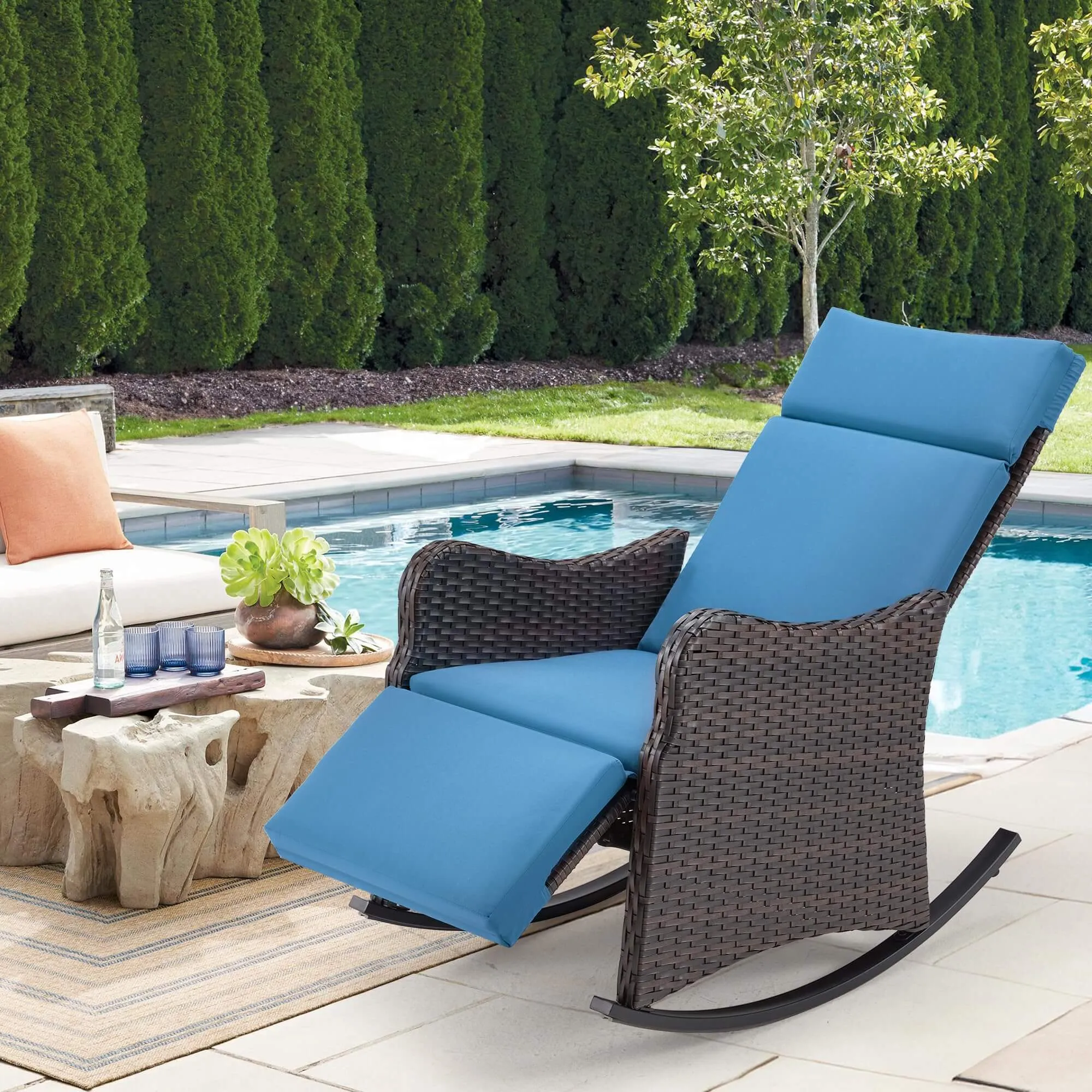 Outdoor Recliner Chair, Rattan Wicker Rocking Chair with Soft Removable Cushion, Blue