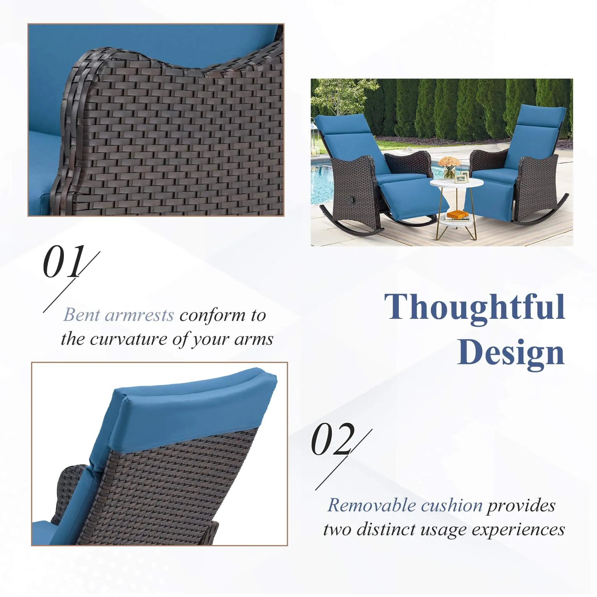 Outdoor Recliner Chair, Rattan Wicker Rocking Chair with Soft Removable Cushion, Blue