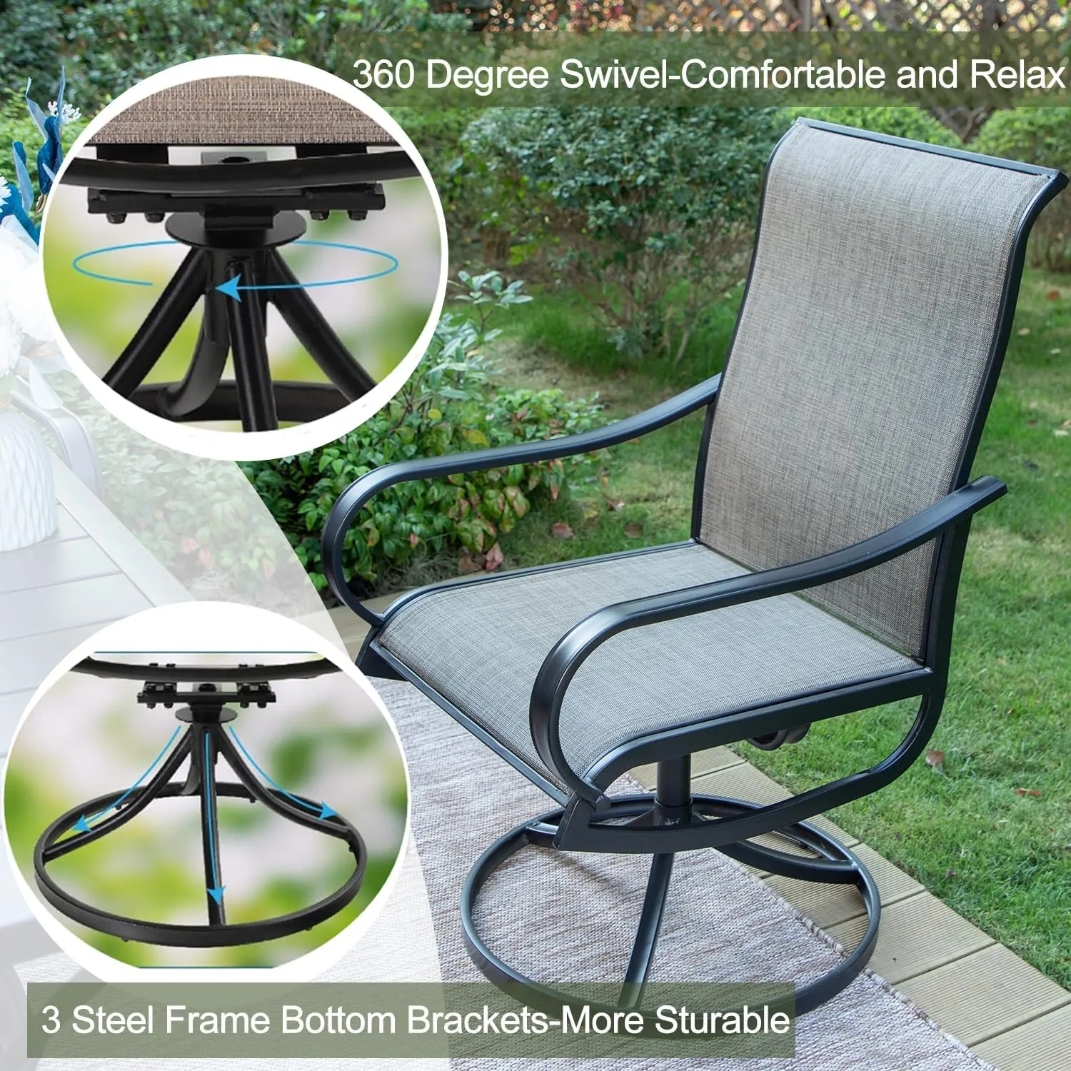 Patio Sling Dining Swivel Chairs with Steel Metal Frame