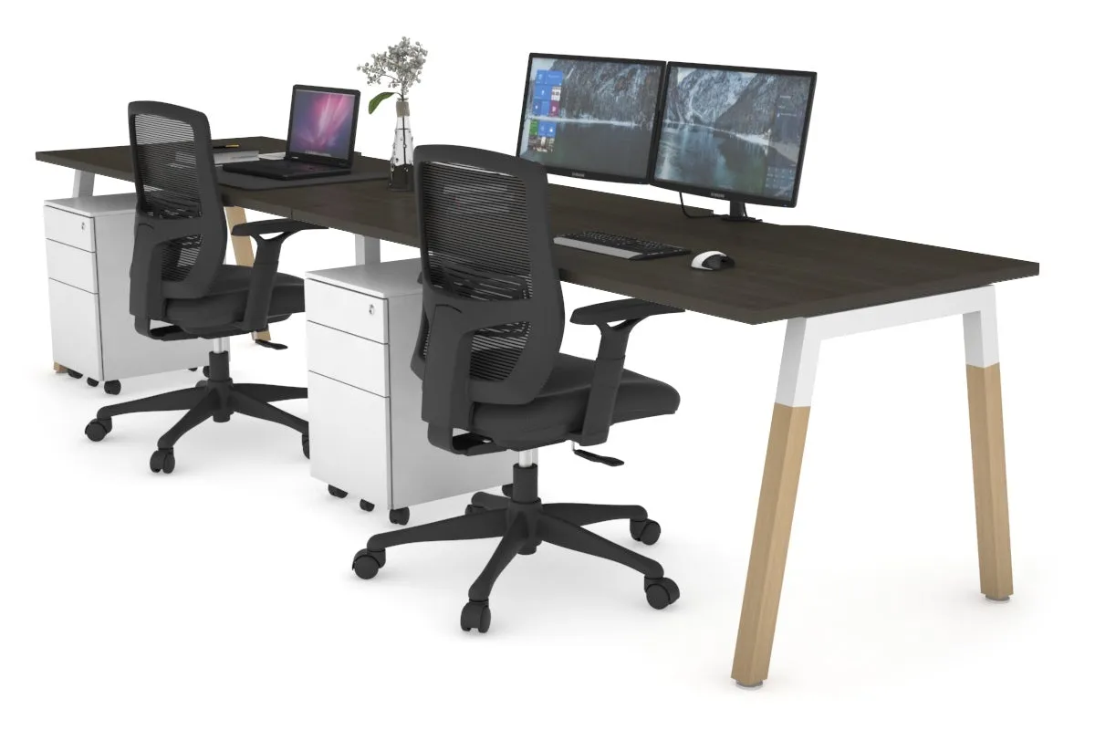 Quadro A Legs 2 Person Run Office Workstation - Wood Legs Cross Beam [1200L x  800W with Cable Scallop]