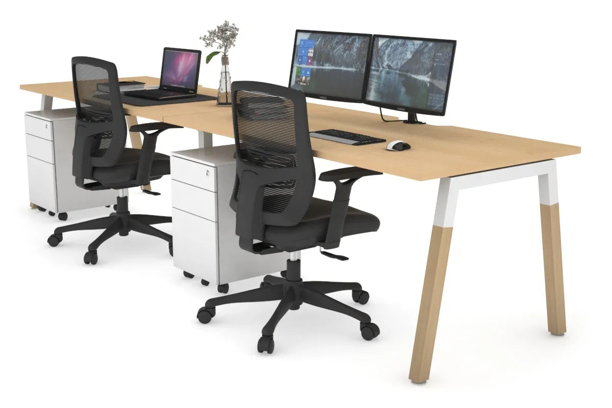 Quadro A Legs 2 Person Run Office Workstation - Wood Legs Cross Beam [1200L x  800W with Cable Scallop]