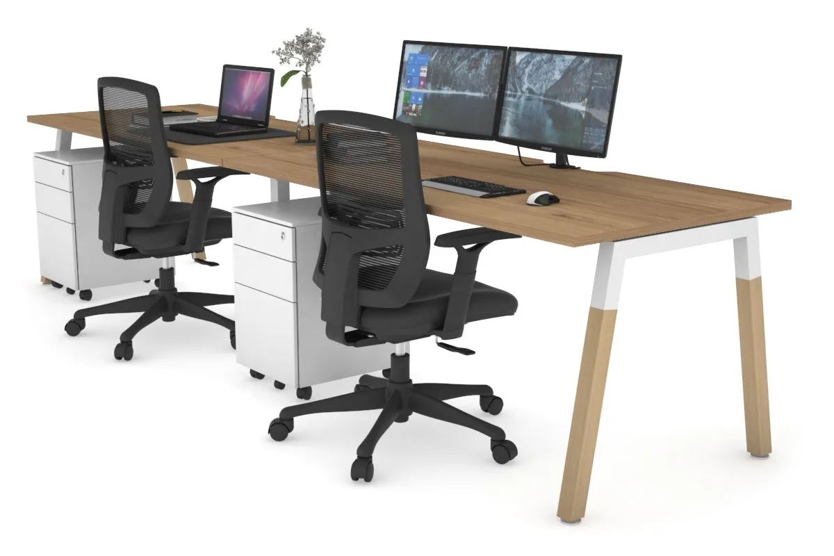 Quadro A Legs 2 Person Run Office Workstation - Wood Legs Cross Beam [1200L x  800W with Cable Scallop]