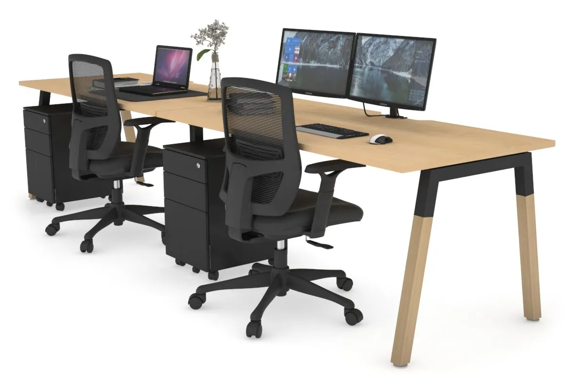 Quadro A Legs 2 Person Run Office Workstation - Wood Legs Cross Beam [1200L x  800W with Cable Scallop]