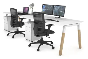 Quadro A Legs 2 Person Run Office Workstation - Wood Legs Cross Beam [1200L x  800W with Cable Scallop]