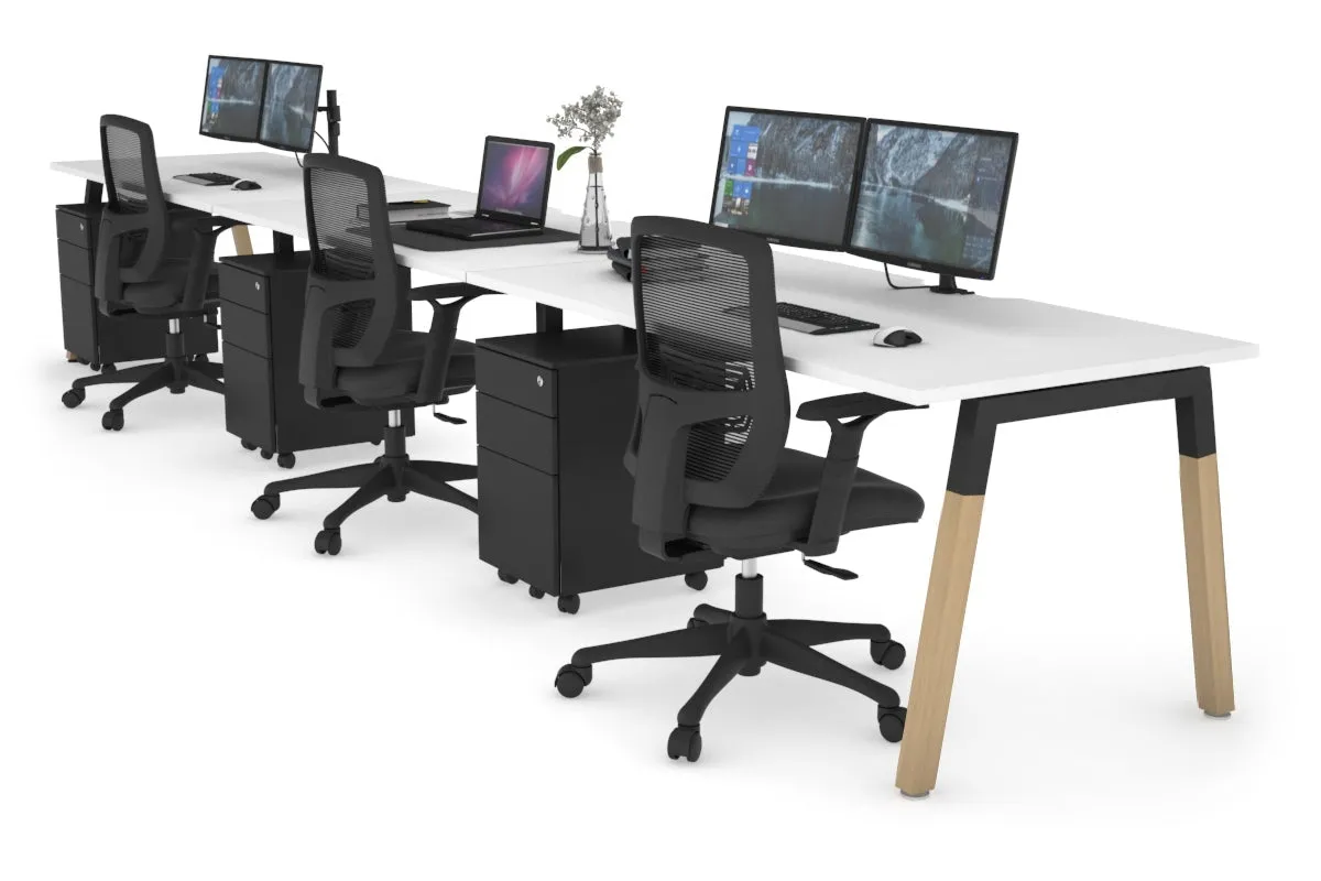 Quadro A Legs 3 Person Run Office Workstation - Wood Legs Cross Beam [1800L x 800W with Cable Scallop]