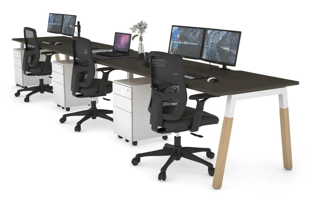 Quadro A Legs 3 Person Run Office Workstation - Wood Legs Cross Beam [1800L x 800W with Cable Scallop]