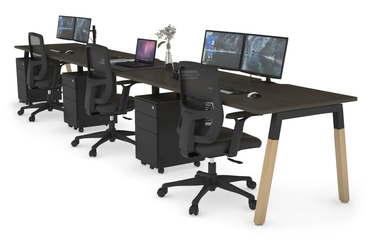 Quadro A Legs 3 Person Run Office Workstation - Wood Legs Cross Beam [1800L x 800W with Cable Scallop]