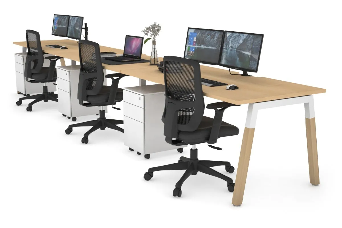 Quadro A Legs 3 Person Run Office Workstation - Wood Legs Cross Beam [1800L x 800W with Cable Scallop]