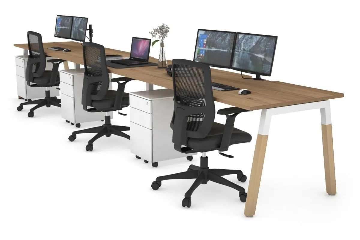 Quadro A Legs 3 Person Run Office Workstation - Wood Legs Cross Beam [1800L x 800W with Cable Scallop]