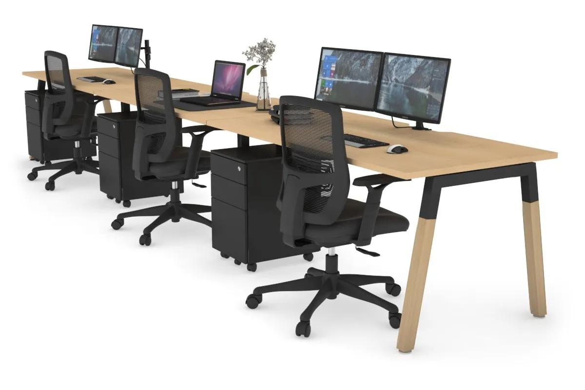 Quadro A Legs 3 Person Run Office Workstation - Wood Legs Cross Beam [1800L x 800W with Cable Scallop]