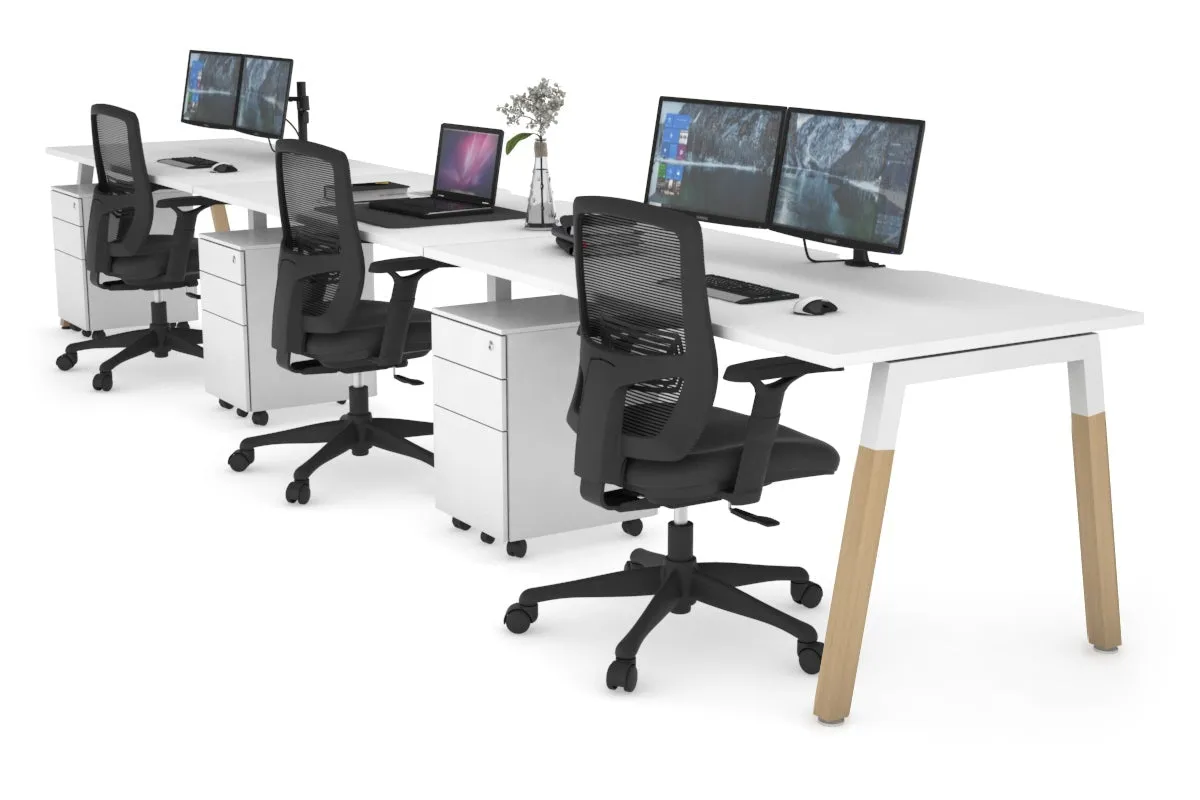 Quadro A Legs 3 Person Run Office Workstation - Wood Legs Cross Beam [1800L x 800W with Cable Scallop]