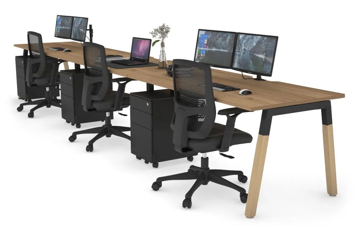 Quadro A Legs 3 Person Run Office Workstation - Wood Legs Cross Beam [1800L x 800W with Cable Scallop]