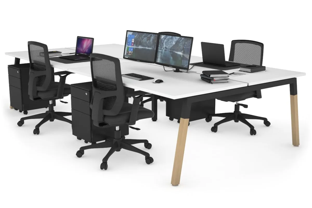 Quadro A Legs 4 Person Office Workstation - Wood Legs Cross Beam [1200L x 800W with Cable Scallop]