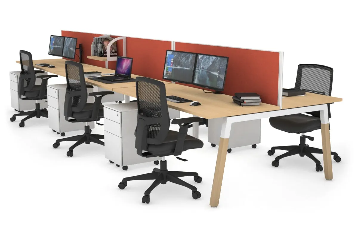 Quadro A Legs 6 Person Office Workstation - Wood Legs Cross Beam [1400L x 700W]