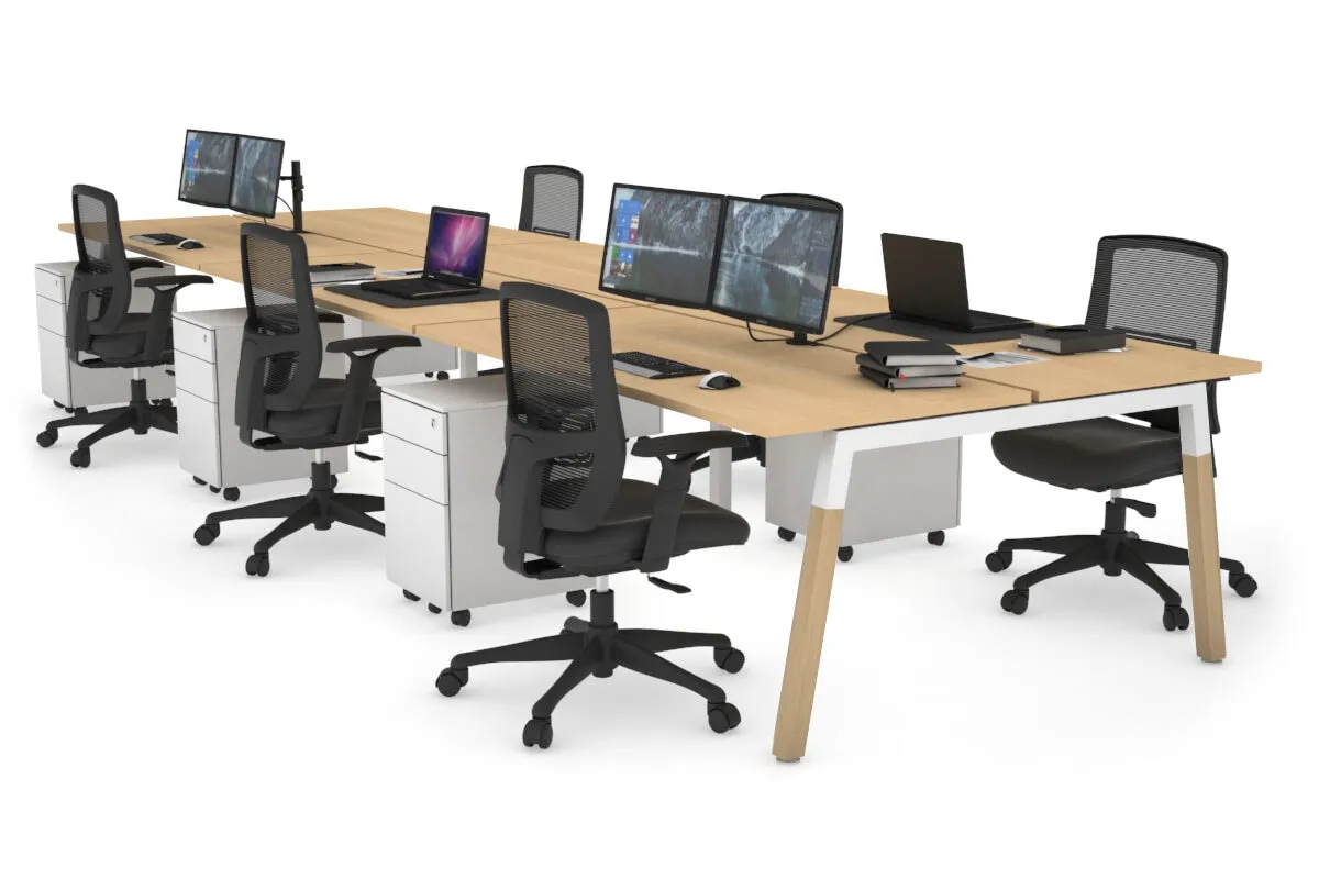 Quadro A Legs 6 Person Office Workstation - Wood Legs Cross Beam [1400L x 700W]