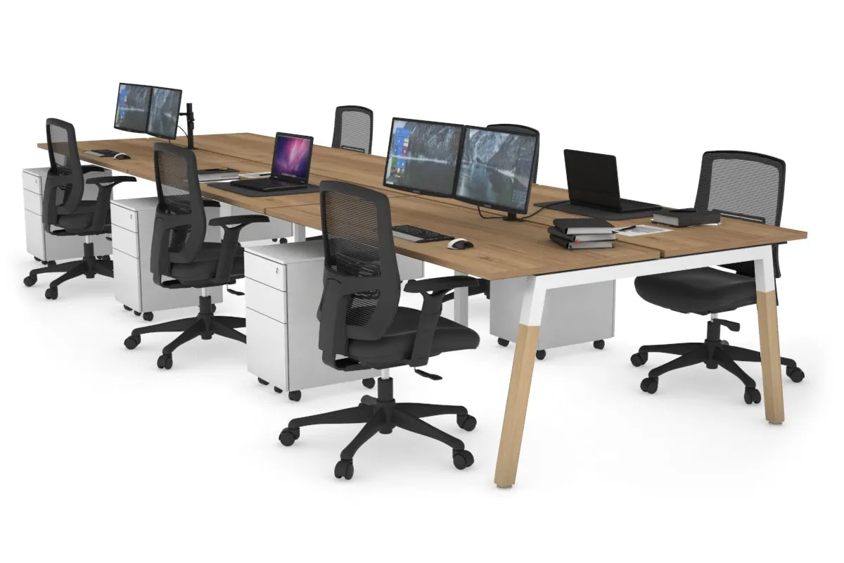 Quadro A Legs 6 Person Office Workstation - Wood Legs Cross Beam [1400L x 700W]