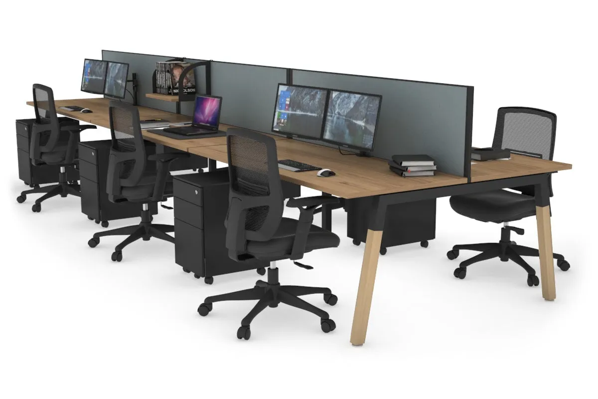 Quadro A Legs 6 Person Office Workstation - Wood Legs Cross Beam [1400L x 700W]