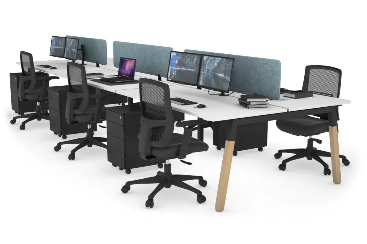 Quadro A Legs 6 Person Office Workstation - Wood Legs Cross Beam [1400L x 700W]