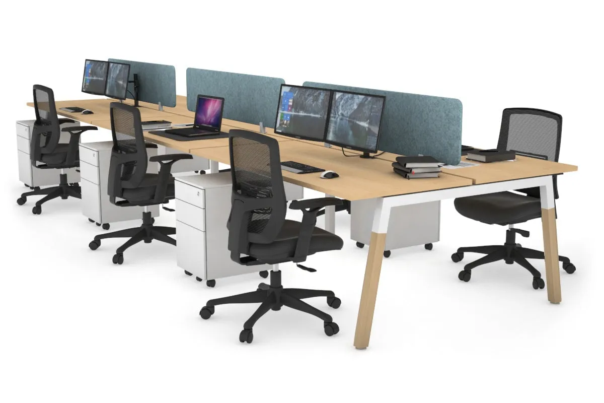 Quadro A Legs 6 Person Office Workstation - Wood Legs Cross Beam [1400L x 700W]