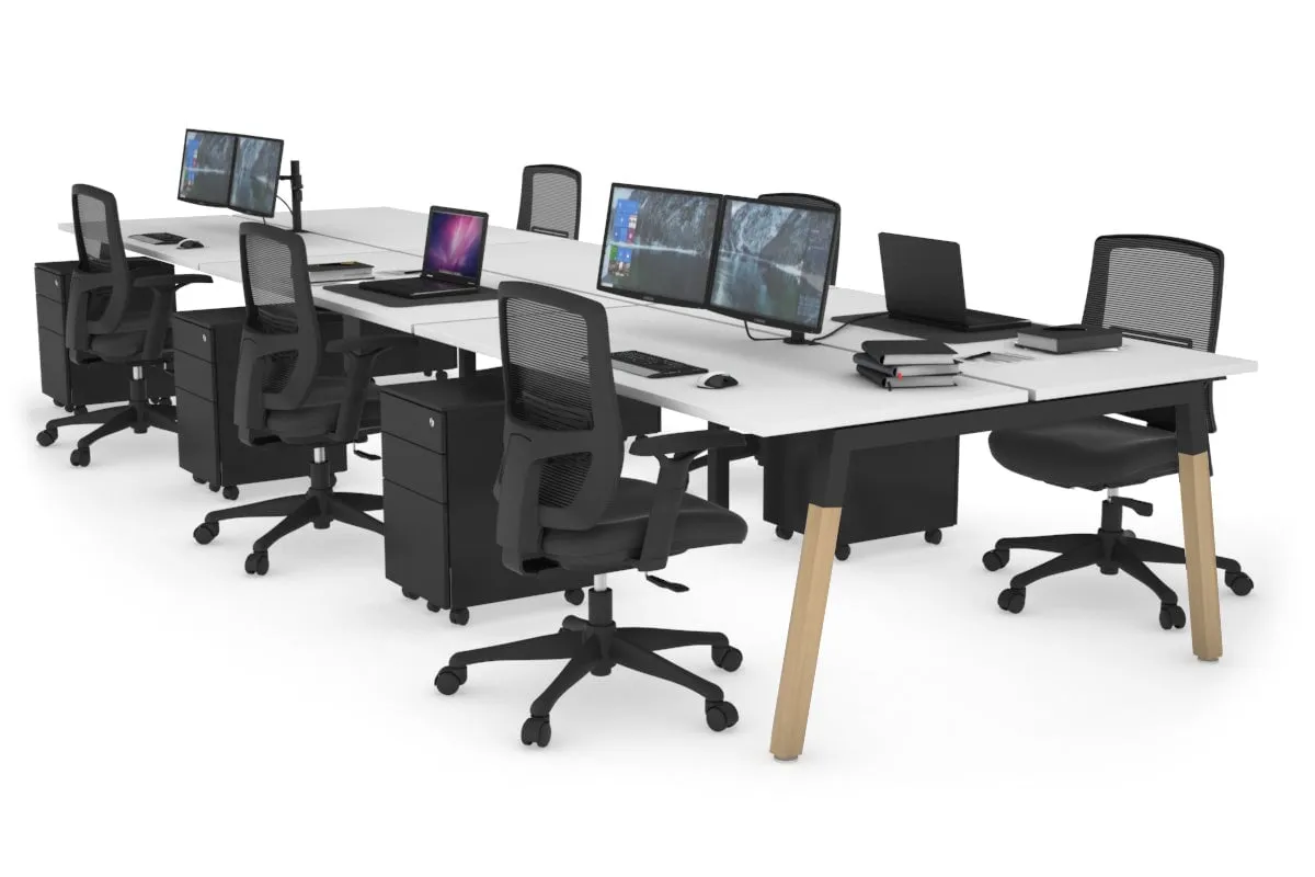 Quadro A Legs 6 Person Office Workstation - Wood Legs Cross Beam [1400L x 700W]