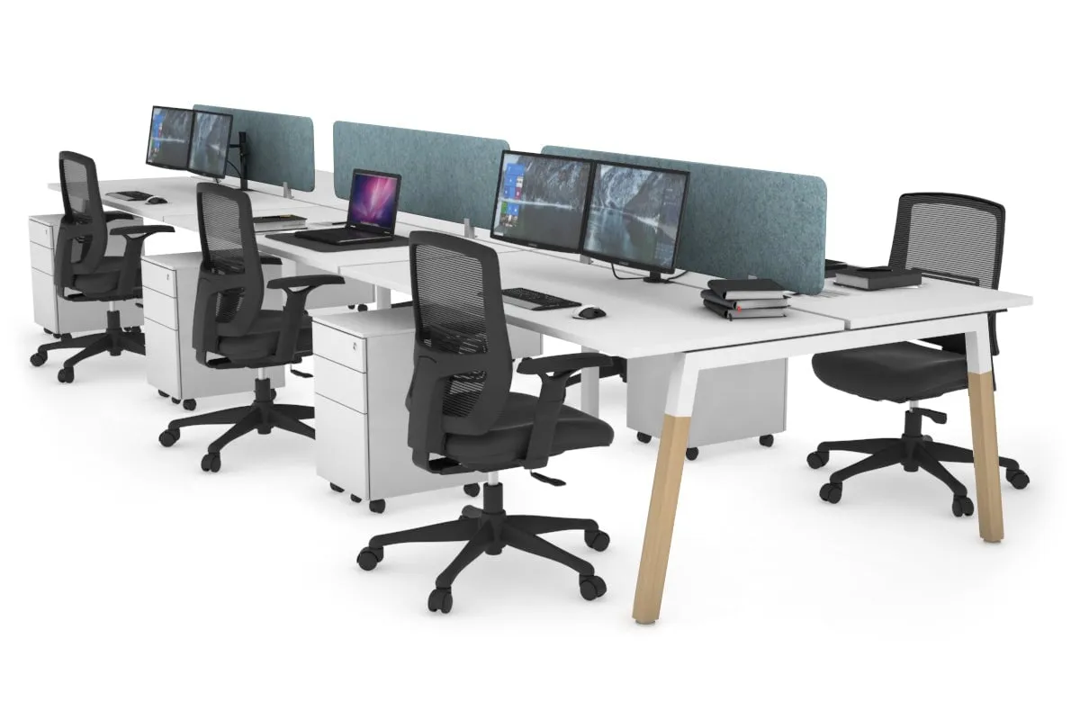 Quadro A Legs 6 Person Office Workstation - Wood Legs Cross Beam [1400L x 700W]