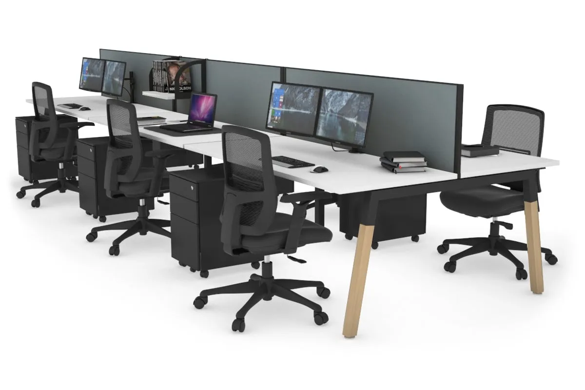 Quadro A Legs 6 Person Office Workstation - Wood Legs Cross Beam [1400L x 700W]