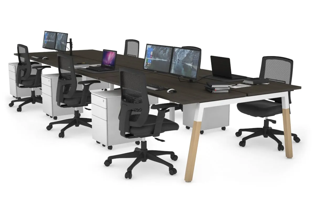 Quadro A Legs 6 Person Office Workstation - Wood Legs Cross Beam [1400L x 700W]