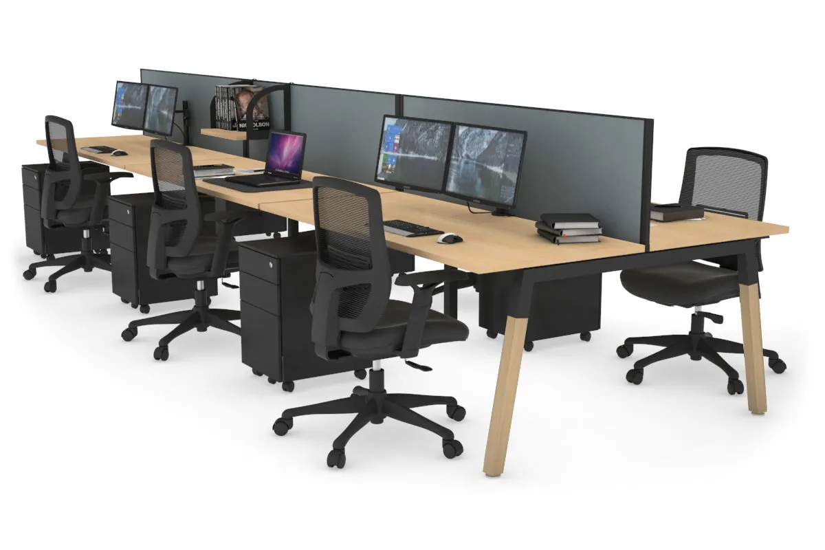 Quadro A Legs 6 Person Office Workstation - Wood Legs Cross Beam [1400L x 700W]